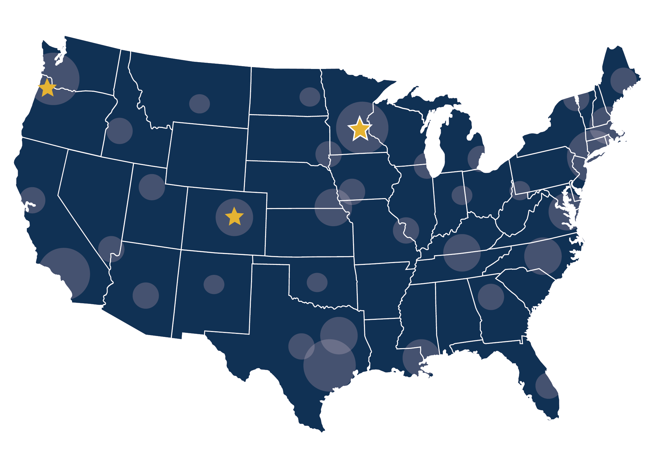 United States map showing campuses and heat maps