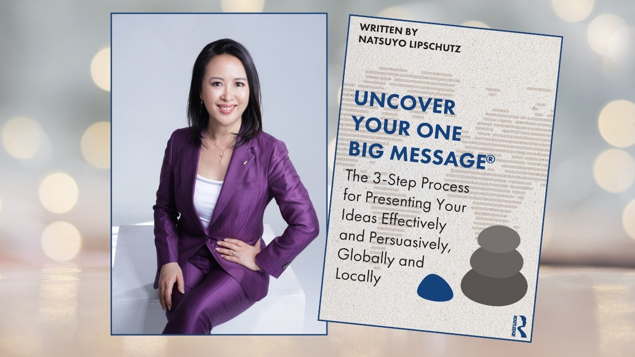 Natsuyo Nobumoto Lipschutz with her book Uncover Your One Big Message