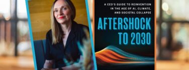 Headshot of author Caroline Stokes with her book "Aftershock to 2030"