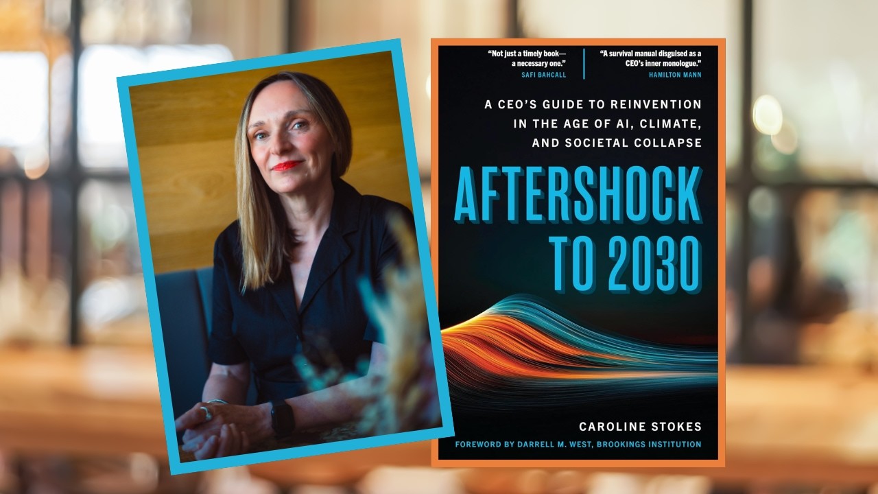 Headshot of author Caroline Stokes with her book "Aftershock to 2030"